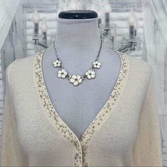 Talbots Small Petite Cardigan Lambswool Rabbit Hair Beige Snap Buttons Beads NEW - Picture 4 of 12